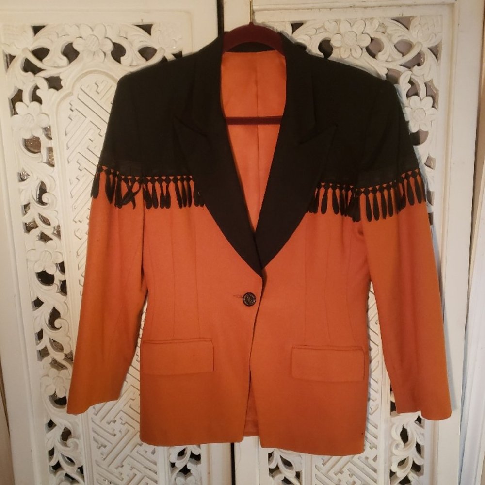 RAFAEL 100% WOOL ORANGE/PUMPKIN COLOR and BLACK WITH FRINGE  BLAZER JACKET